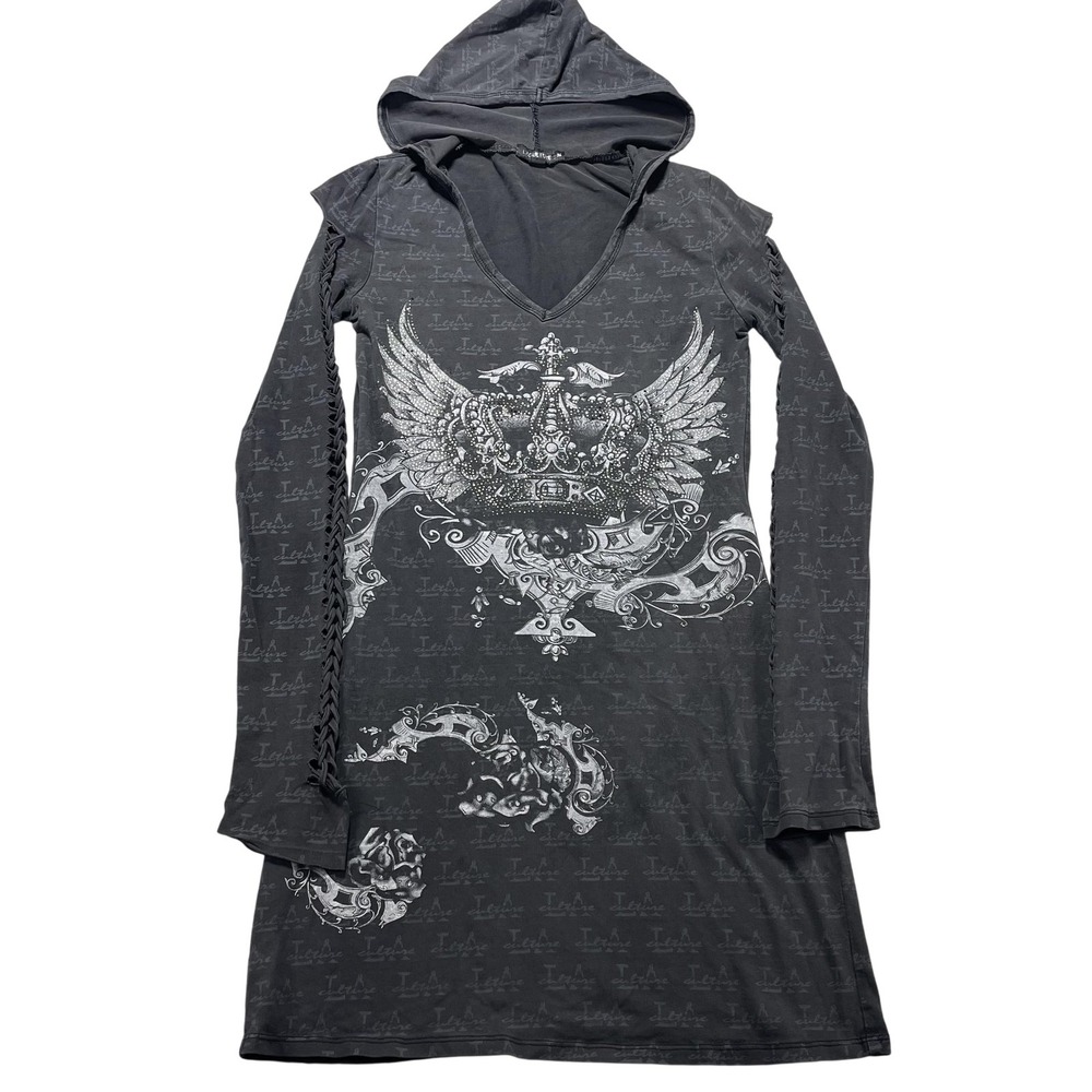 LACULTURE T-Shirt Dress Women M Gray Hooded Long Sleeve Gothic Graphic Print Y2K